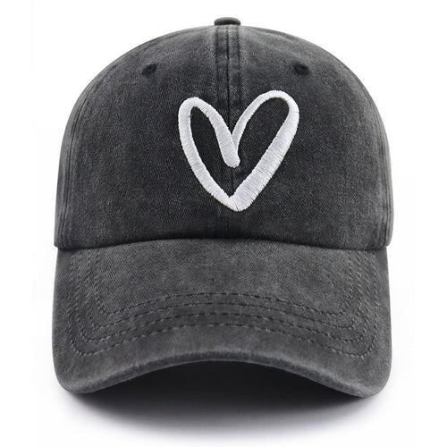 Vintage Washed Gray Baseball Cap, White Heart Outline Embroidered Unisex Adjustable Soft Dad Hat, Casual Outdoor Sun Hat for Women Men